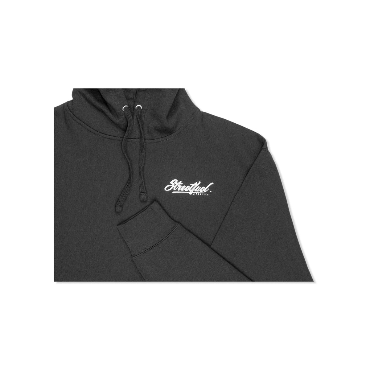 Don't Let Me Fall black hoodie front pocket logo detail - Streetfuel