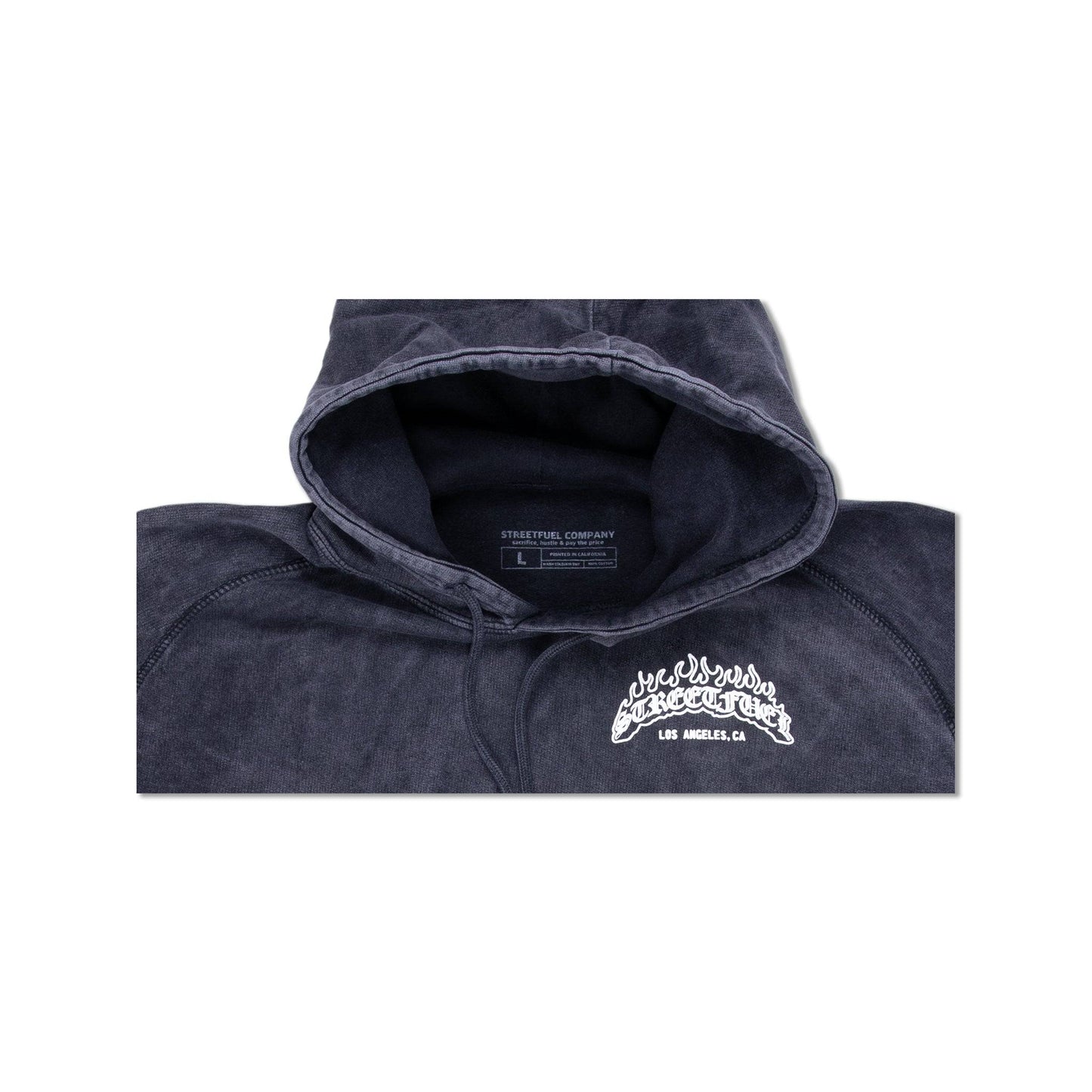 Hood detail of black vintage washed hoodie with streetfuel logo