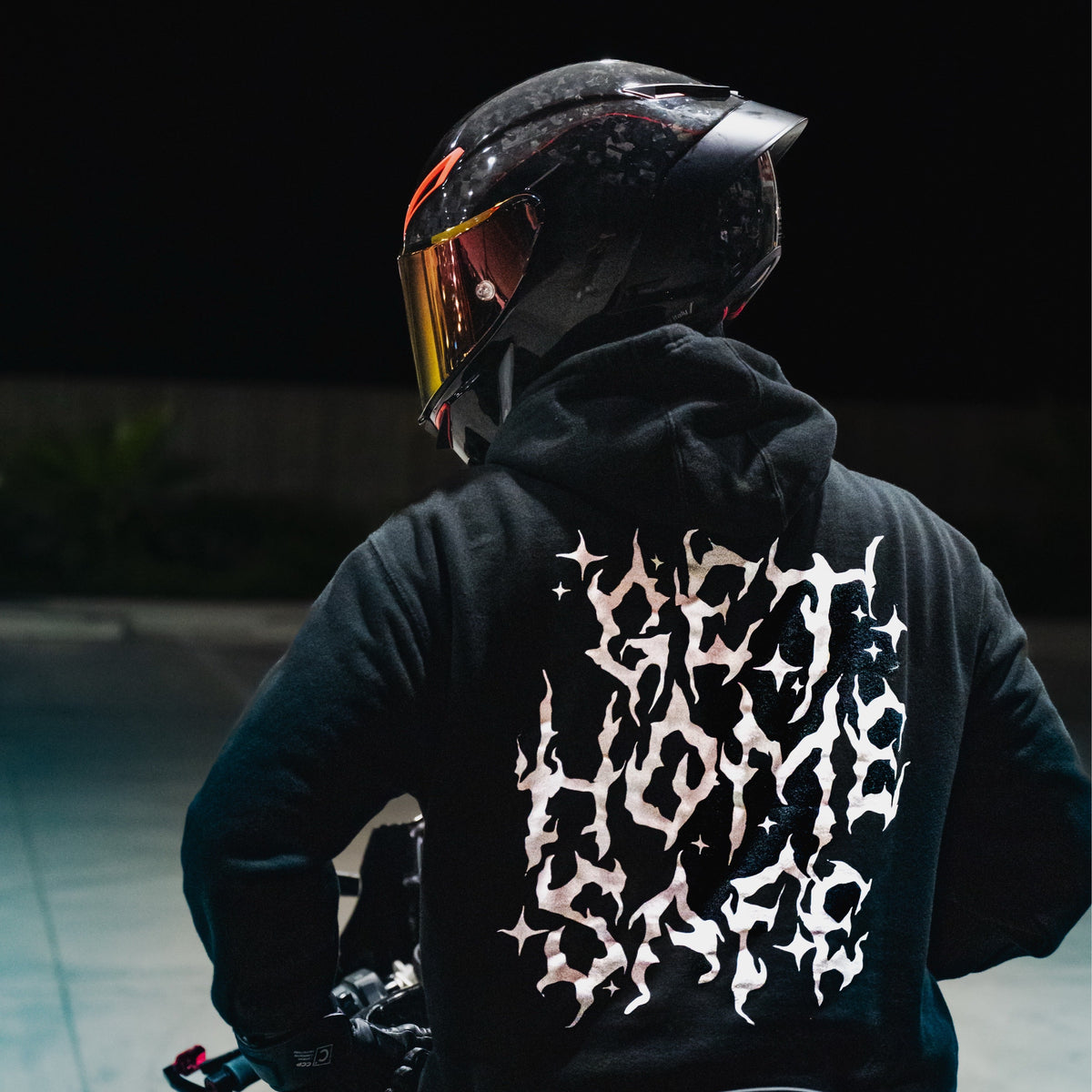 Get Home Safe black hoodie worn by a biker - Streetfuel