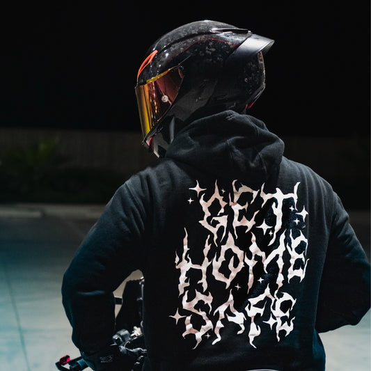 Get Home Safe black hoodie worn by a biker - Streetfuel
