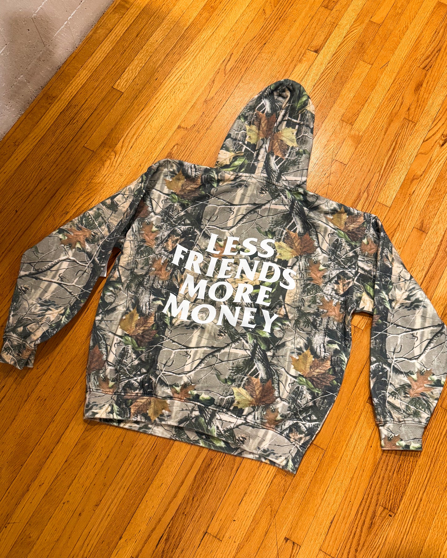 LESS FRIENDS MORE MONEY PREMIUM CAMO 14oz HOODIE