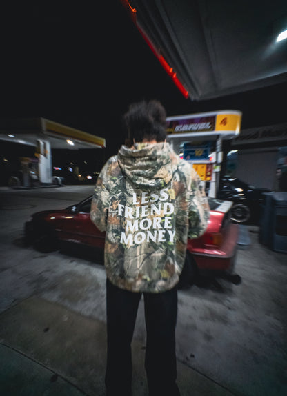 LESS FRIENDS MORE MONEY PREMIUM CAMO 14oz HOODIE