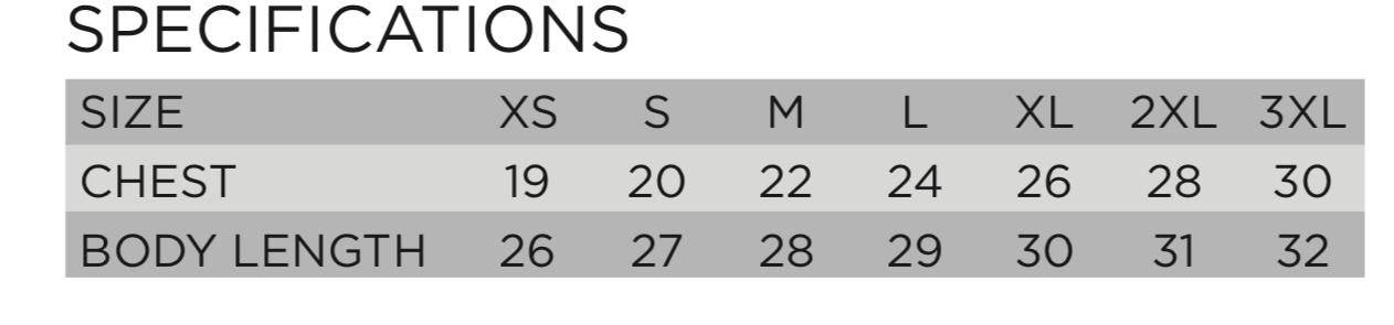 Size chart for hoodie specifications