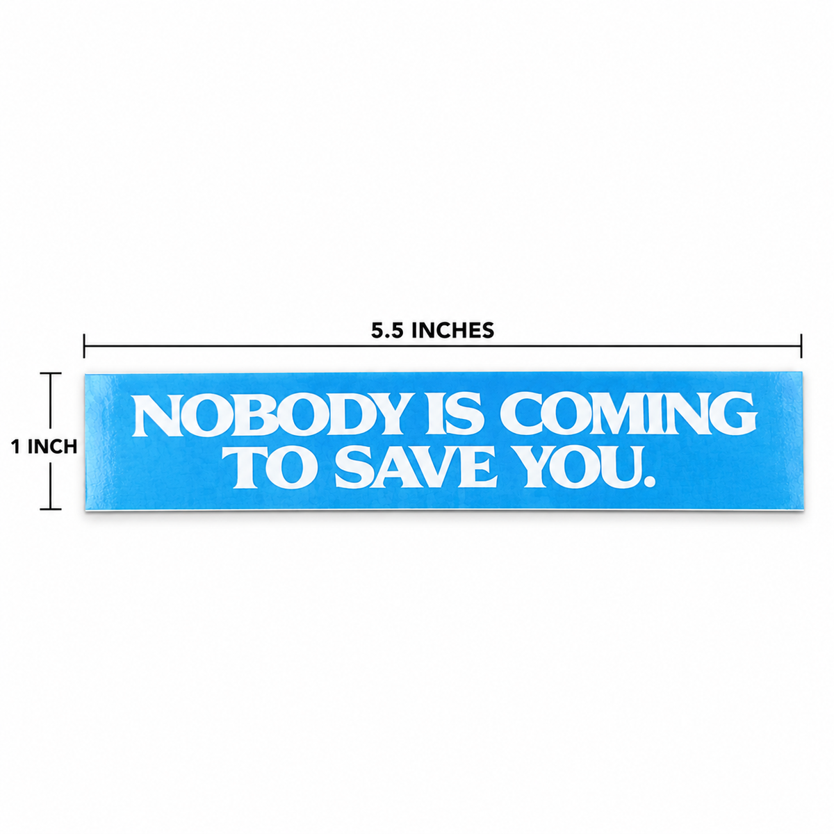 Nobody Is Coming To Save You decal size guide showing 5.5 inch by 1 inch dimensions