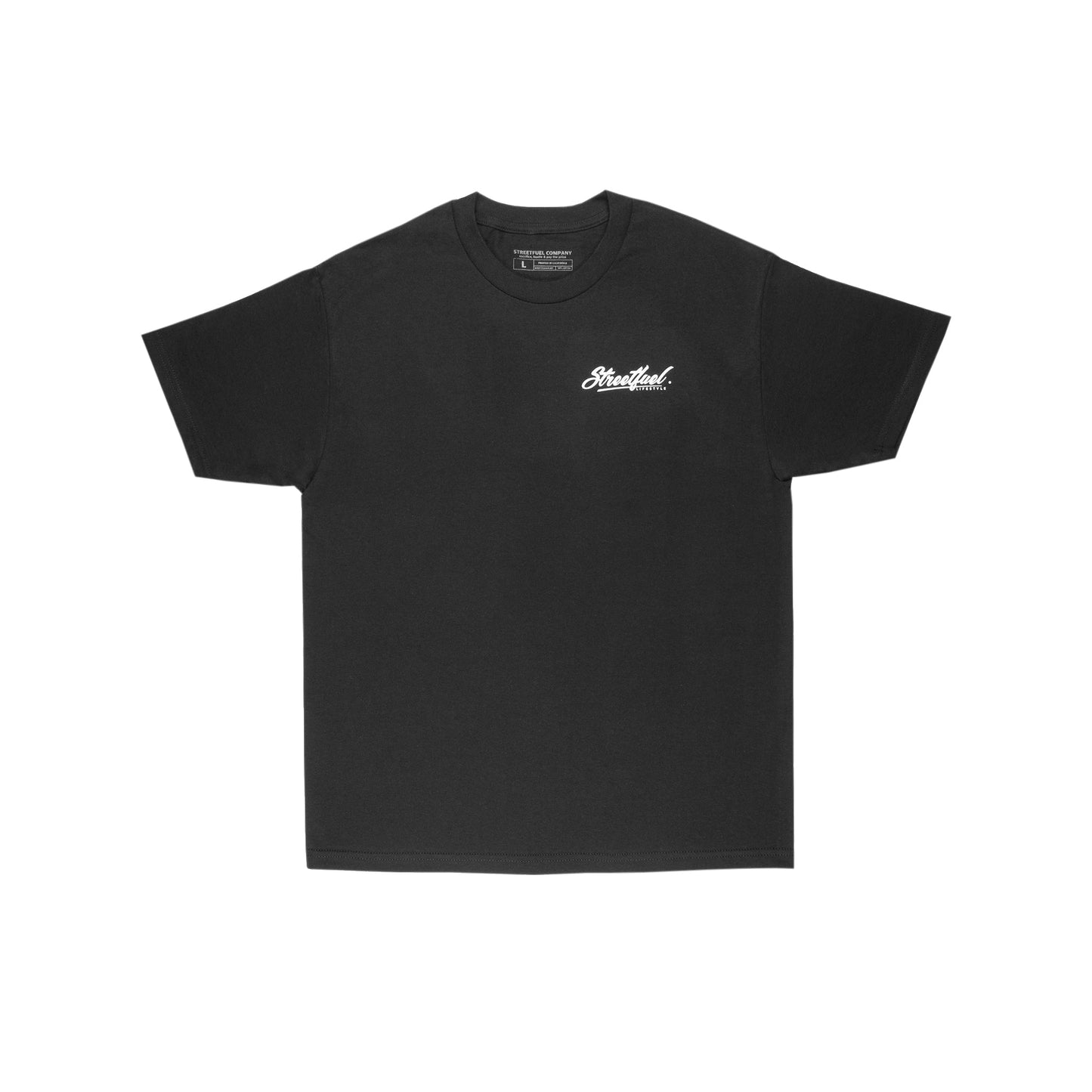 Black tee with small front logo print