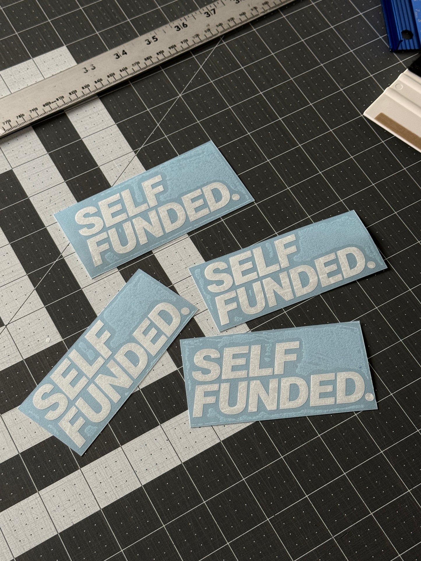 Self Funded decal close-up detail shot