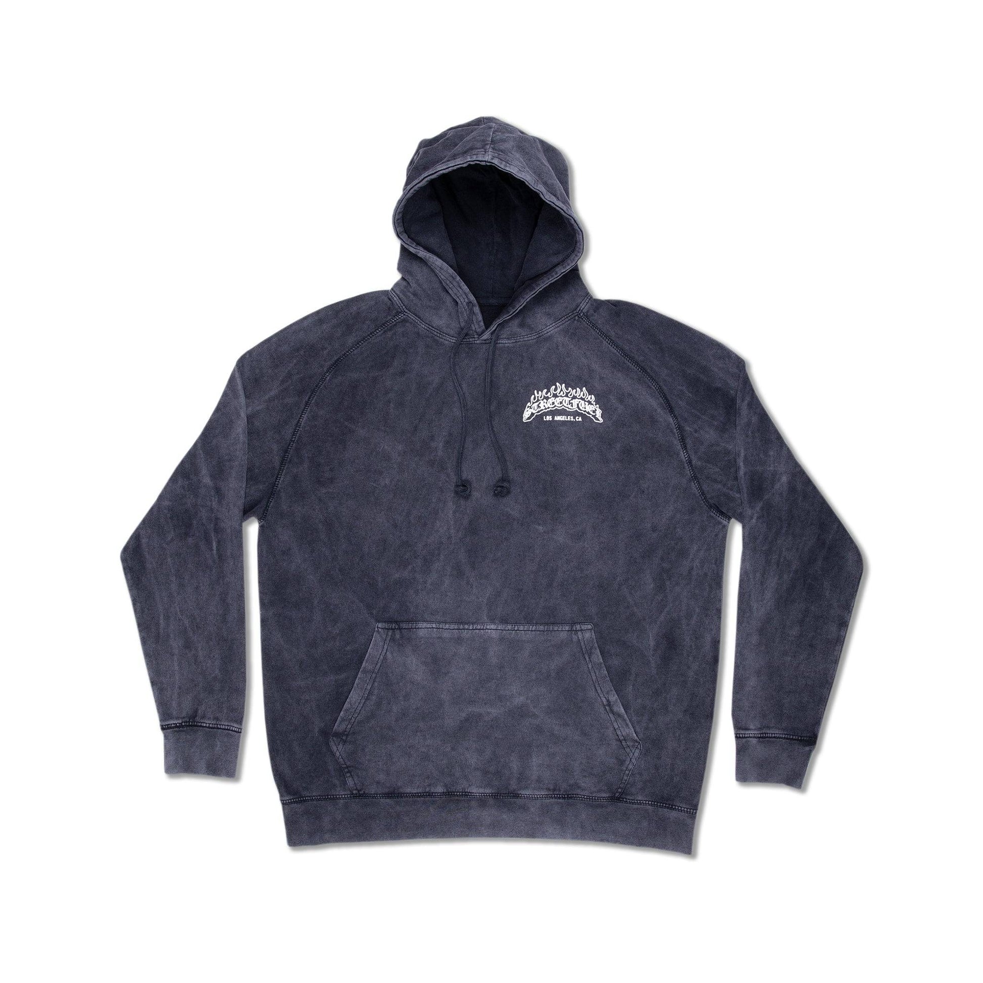 Front view of black vintage washed hoodie with streetfuel logo