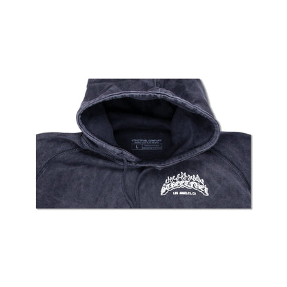 Hood detail of black vintage washed hoodie with streetfuel logo