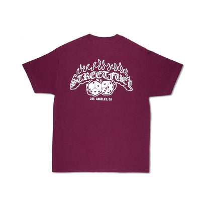 Maroon tee with Streetfuel logo and dice graphic on back