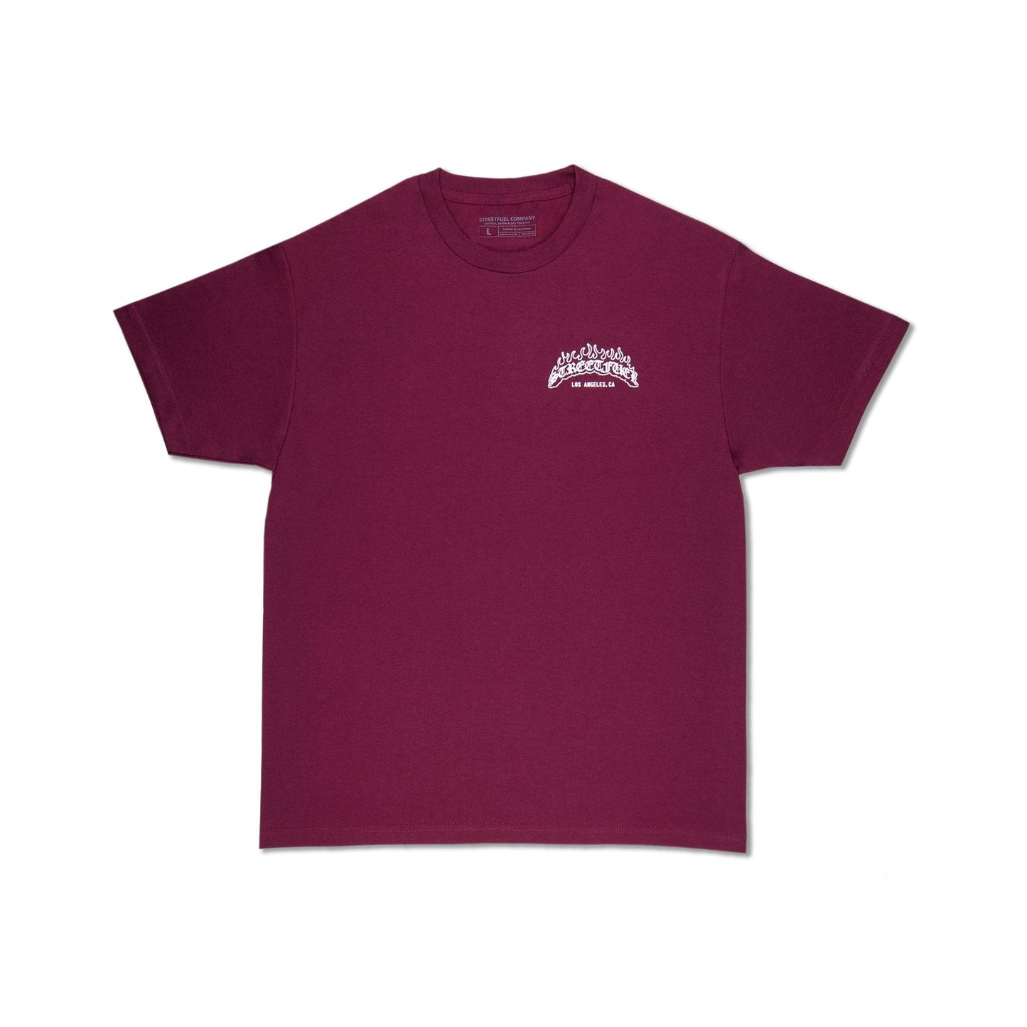 Maroon tee with small Streetfuel logo on front