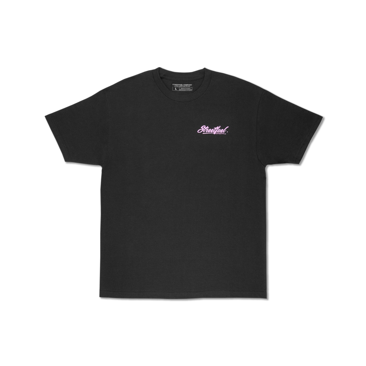 Black tee with small pink front logo print