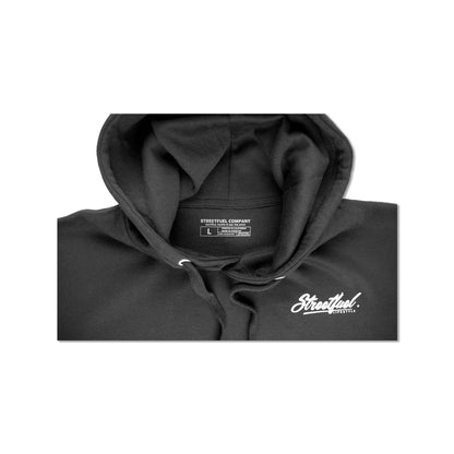 Hood detail of black hoodie with Streetfuel logo