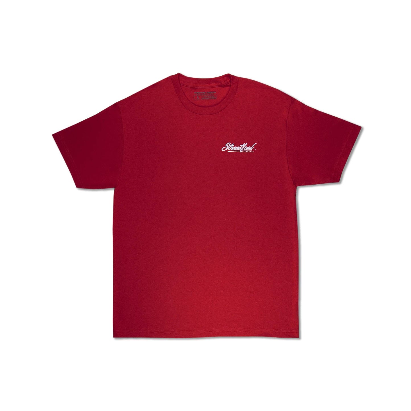 Red tee with small front logo print