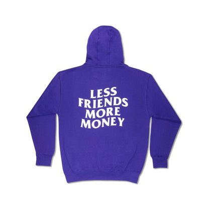 Purple hoodie with 'Less Friends More Money' back print