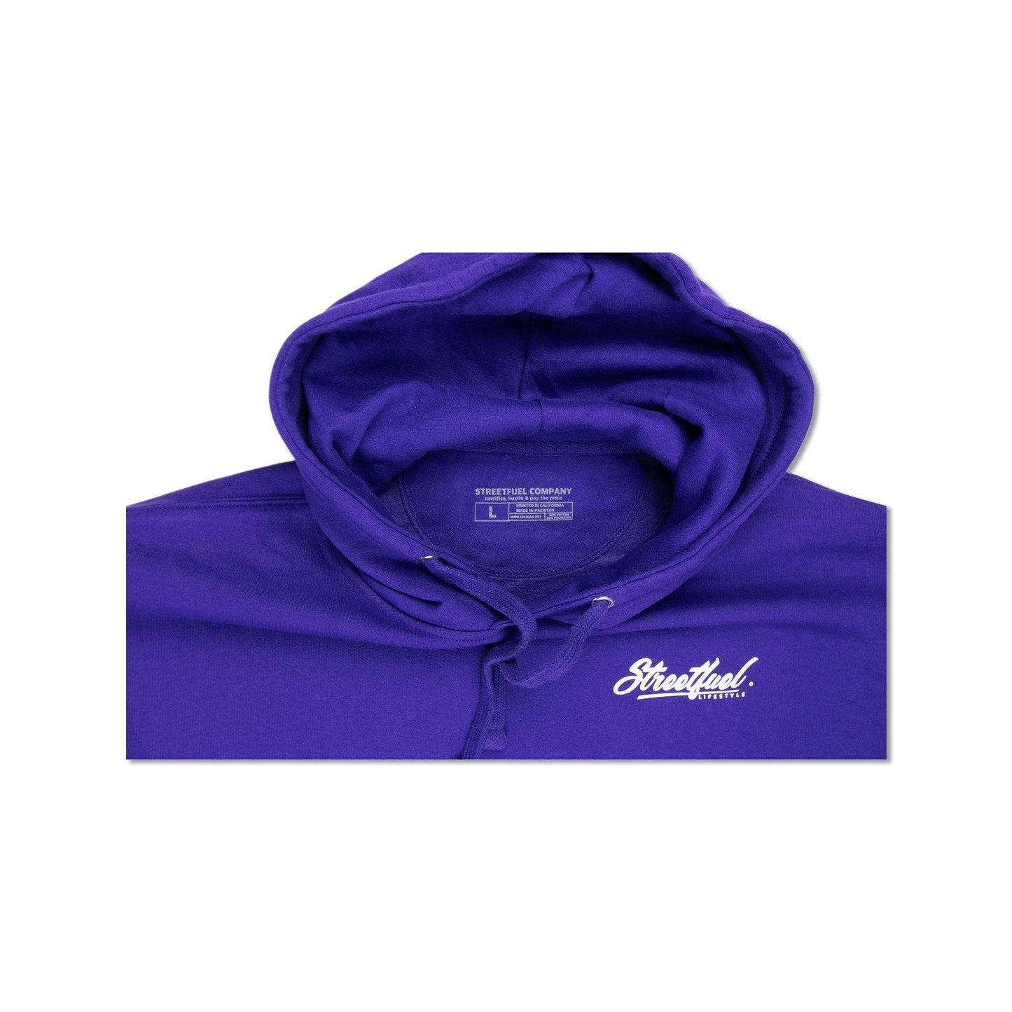 Hood detail of purple hoodie with Streetfuel logo