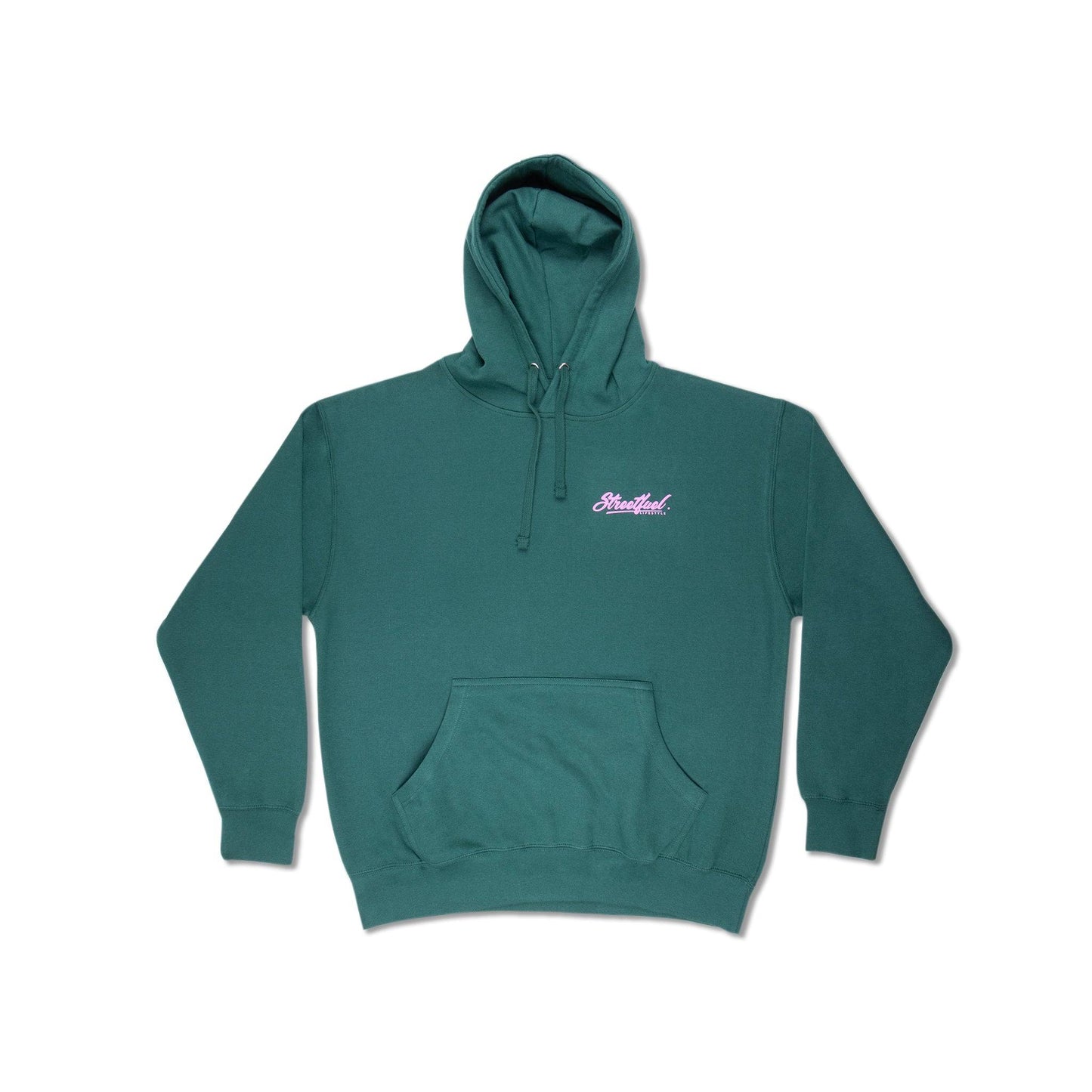 Green hoodie with pink Streetfuel logo on front