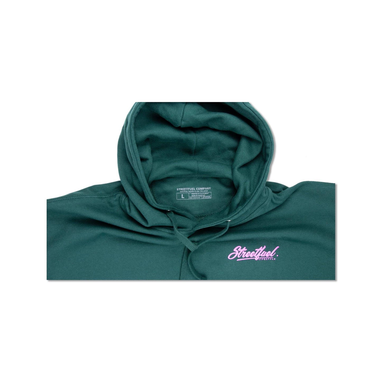 Hood detail of green hoodie with Streetfuel logo