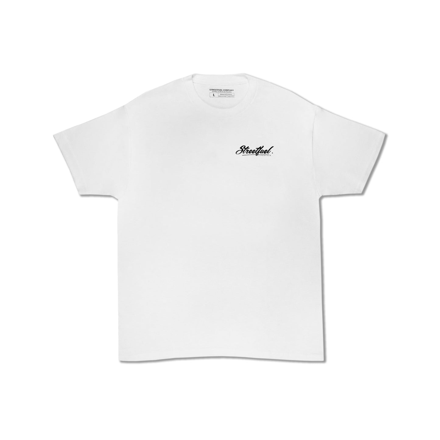 White tee with small front logo print