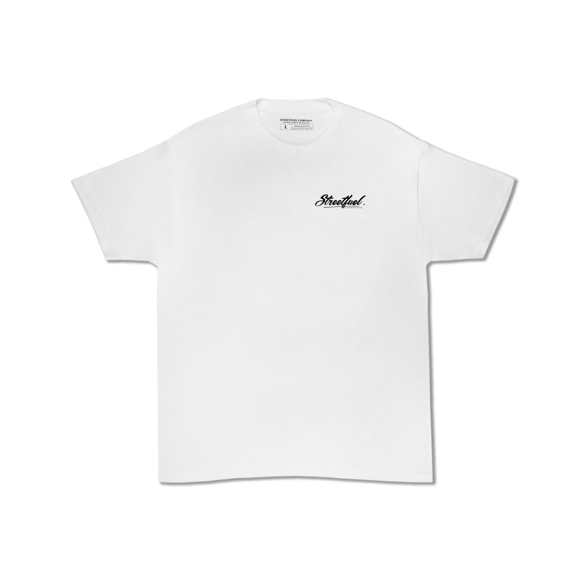 White tee with small front logo print